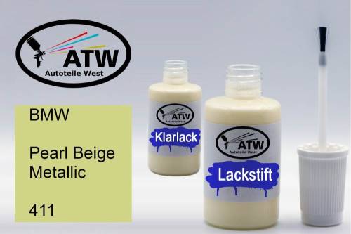 BMW, Pearl Beige Metallic, 411: 20ml Lackstift + 20ml Klarlack - Set, von ATW Autoteile West.